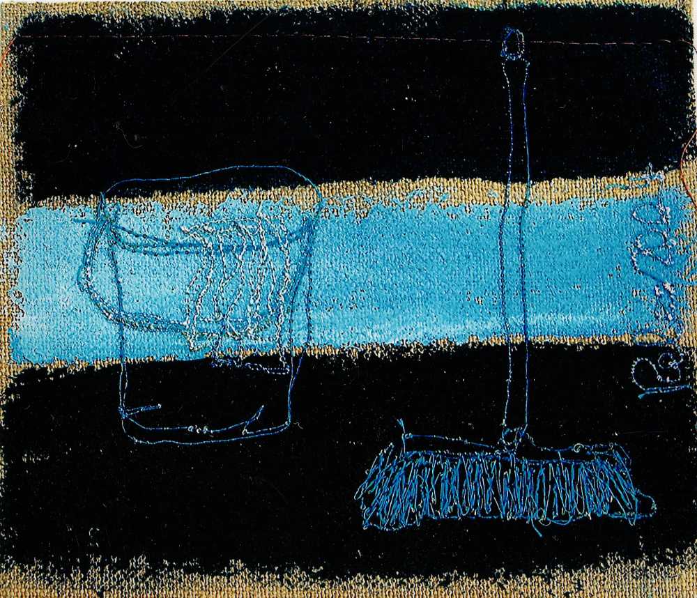 „Eimer, Schrubber“, 2004, 10x12 cm, Stickerei/Malerei auf Leinwand